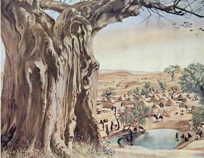 A Baobab (السودان) ، من رسومات ولوحات أفريقية ، تم إعدامه خلال رحلة سيتروين سنتر أفريقيا ، البعثة الثانية Haardt Audouin-Dubreuil ، حانة. باريس ، 1927 بواسطة ألكسندر ياكوفليف